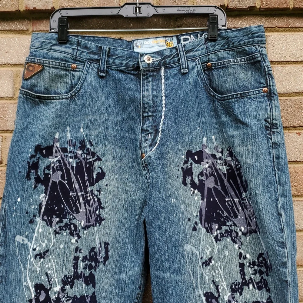 Akademiks Baggy Vintage Jeans Paint Splatter Velvet Feel 36 X 33